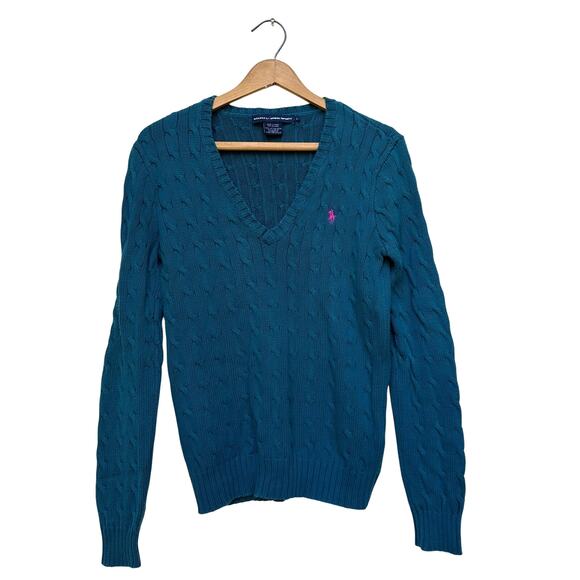 Ralph Lauren Sport Cable Knit V-Neck Sweater Teal Cotton Size L - Picture 1 of 5